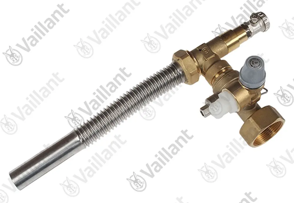 Vaillant Heizungsventil mit flexibler Konsole, ausgestattet mit Anschlussstücken und einer regulierbaren Einheit. Metallgehäuse mit verchromtem Rohr.